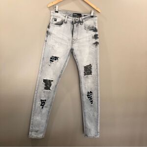 SWITCH Remarkable JEANS MEN'S 30 Acid Washed RIPPED Slim Taper PATCHES Hallyu